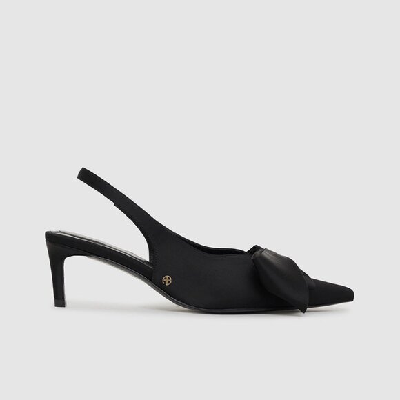 ANINE BING Nina Heels With Bow in Black Satin kitten heel slingback pointed toe - Picture 11 of 11